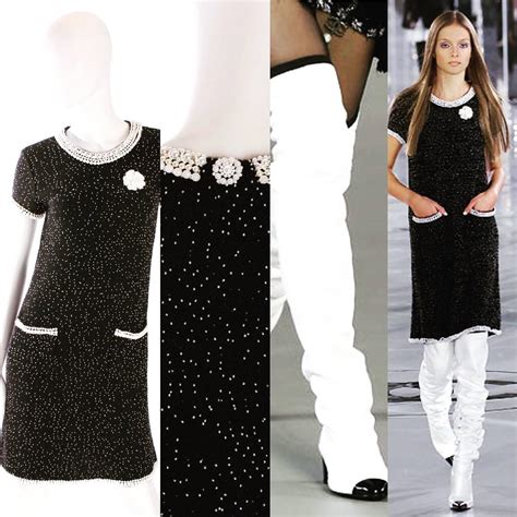 chanel white pearl dress|Chanel black and white dress.